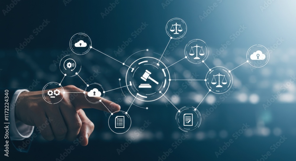 Legal technology, interconnected icons, justice system network, digital law concept, gavel icon Legal technology, interconnected icons, justice system network, digital law concept, gavel icon