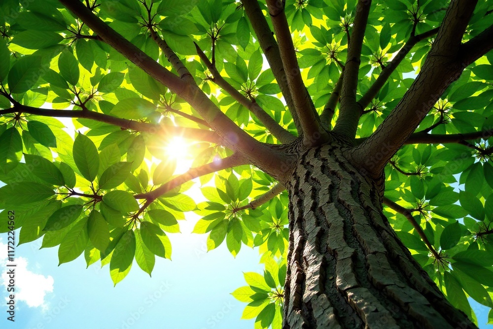 Fototapeta premium Sunlight filters through the teak tree's leafy canopy above, wood, trees