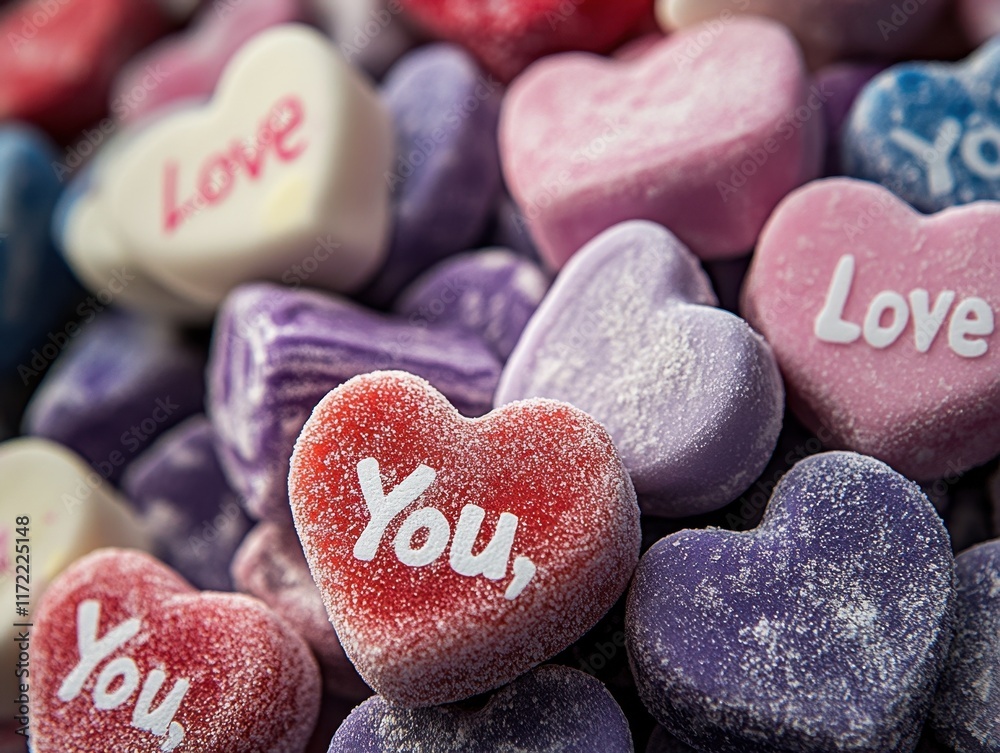 Obraz premium Colorful Heart-Shaped Valentine's Day Candies with Messages in Soft Light, Close-Up