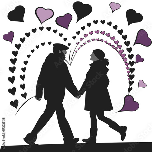 happy valentines day couple silhouette vector illustration