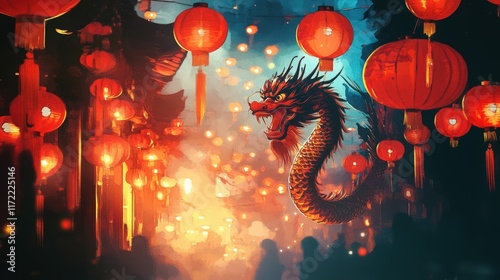 Dragon Amongst Red Lanterns Illuminated Night Festival photo