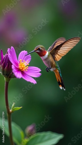 Hummingbird hawk moth lands on a purple flower stem, nature, proboscis, orange photo