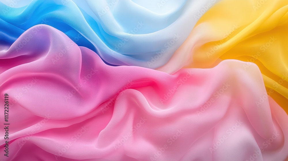 Obraz premium A colorful display of soft, flowing fabrics in pastel shades of blue, pink, and yellow. The silky textures and vibrant colors create an elegant and serene visual aesthetic