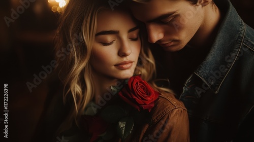 A charming couple shares a tender moment, with a blond woman glowing in love as her partner presents her a beautiful rose on Valentine's Day.
