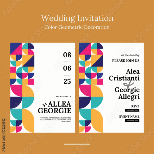 wedding invitation template with minimalist geometric shape in beautifull color
