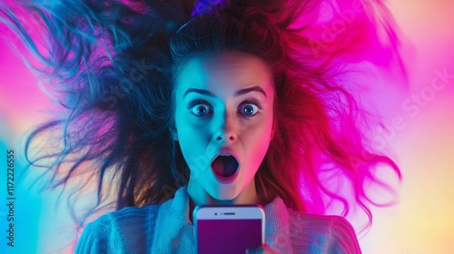 Shocked woman looking at phone under vibrant neon lighting.