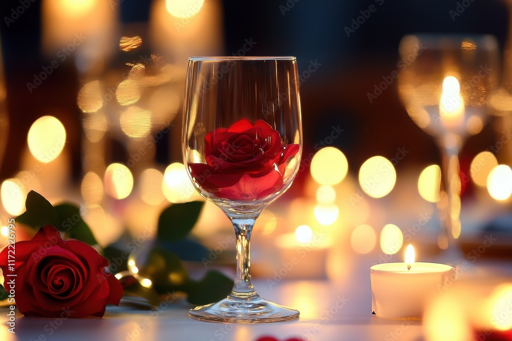 A romantic table is adorned with glowing candles, fresh roses, and a glass of wine, creating an enchanting atmosphere for love to blossom. A romantic table is adorned with glowing candles, fresh roses, and a glass of wine, creating an enchanting atmosphere for love to blossom.
