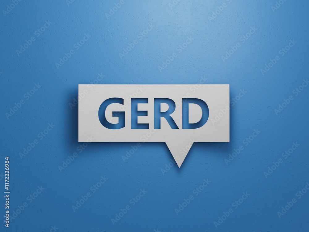 GERD. Text abbreviation on Speech Bubble.Minimalist Abstract Design With White Cut Out Paper.3D rendering on blue background. GERD. Text abbreviation on Speech Bubble.Minimalist Abstract Design With White Cut Out Paper.3D rendering on blue background.