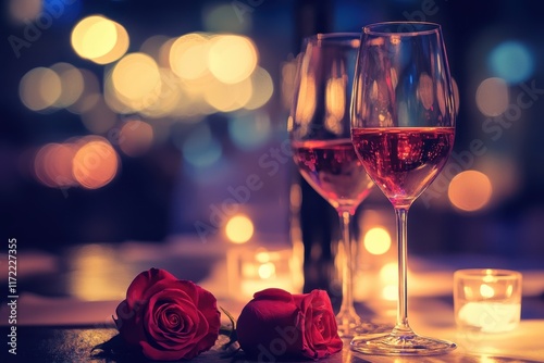 Two elegant wine glasses sit beside a single red rose, creating a romantic ambiance perfect for a special Valentine's Day celebration.