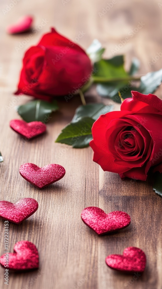 A charming wooden table adorned with vibrant roses and sparkling red glitter hearts, capturing the essence of love on Valentine's Day. A charming wooden table adorned with vibrant roses and sparkling red glitter hearts, capturing the essence of love on Valentine's Day.