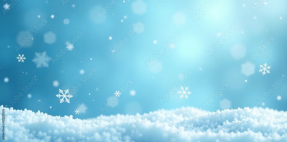 Fototapeta premium White snowflakes gently falling on a light blue background, wintry ambiance,