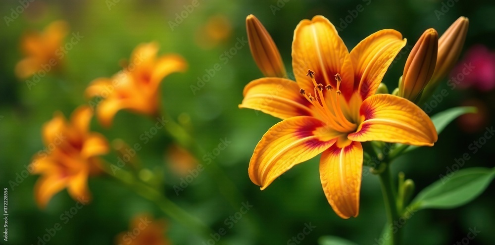 Obraz premium Orange yellow daylily flowers with deep red inner layers on a garden branch, daylily, leaves