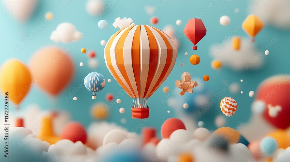 Fototapeta premium Beautifully illustrated wallpaper mobile phone using origami 3D paper folding balloon fly to sky and colorful tree