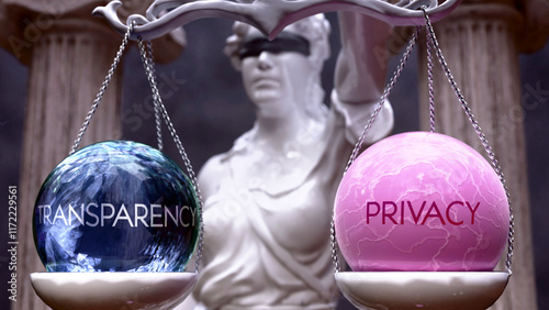 Transparency or Privacy as a choice, two options to choose from. Greek statue presenting two alternatives: transparency or privacy, weighing their values. Looking at pros and cons. ,3d illustration