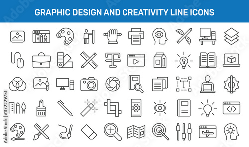 Graphic Design and Creativity Line Icons. Editable Stroke. Pixel Perfect. For Mobile and Web. Contains such icons as Creativity, Layout, Mobile App Design, Art Tools, Typography Vector 