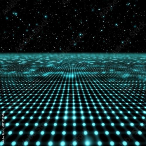 Abstract Digital Landscape with Glowing Dots and Starry Background