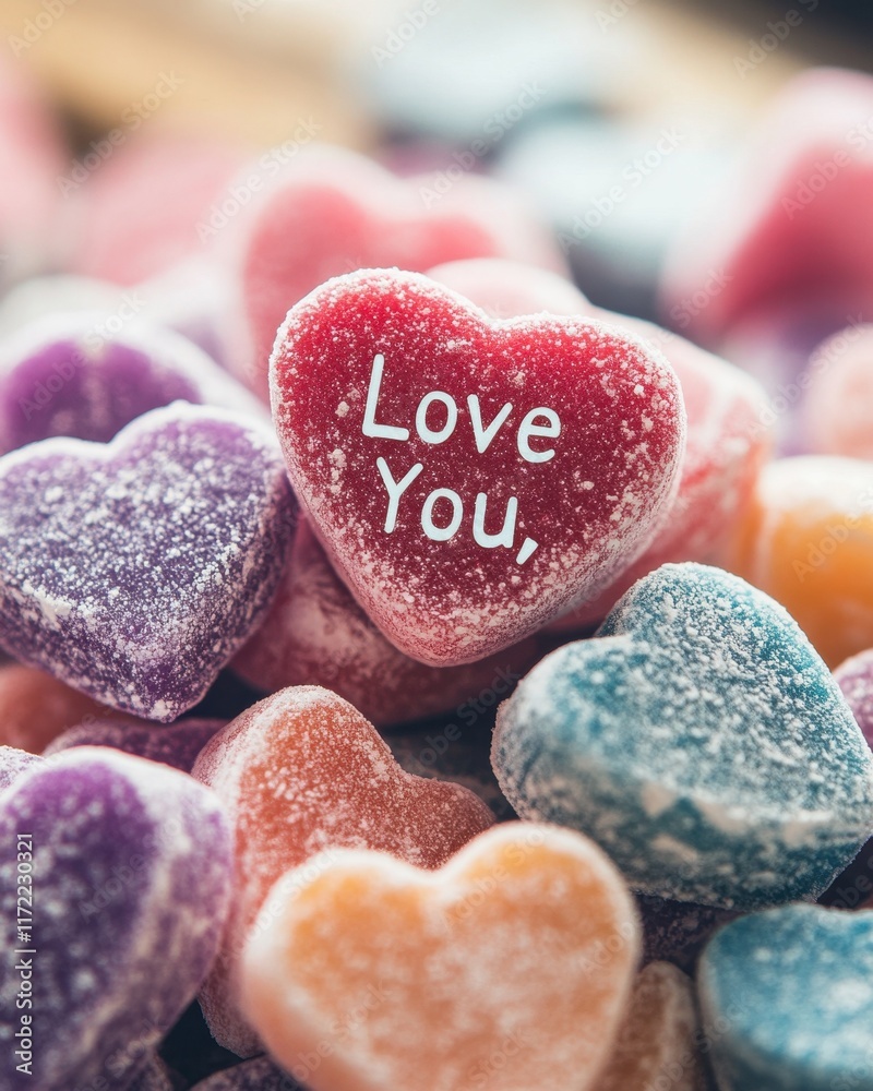 Obraz premium Colorful Heart-Shaped Valentine's Day Candies with Messages in Soft Light, Close-Up