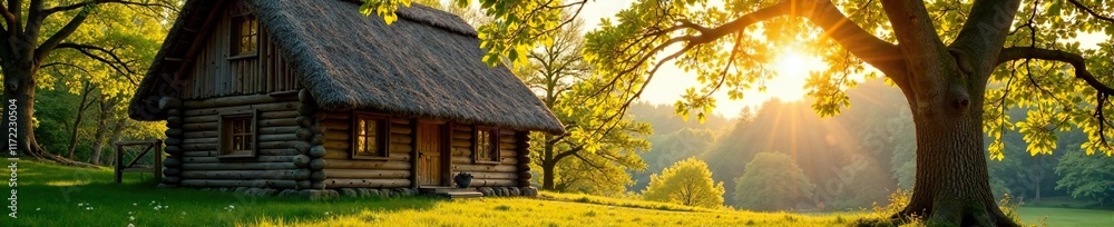 Wooden house with a thatched roof in the spring, branches, sunlight, tree Wooden house with a thatched roof in the spring, branches, sunlight, tree