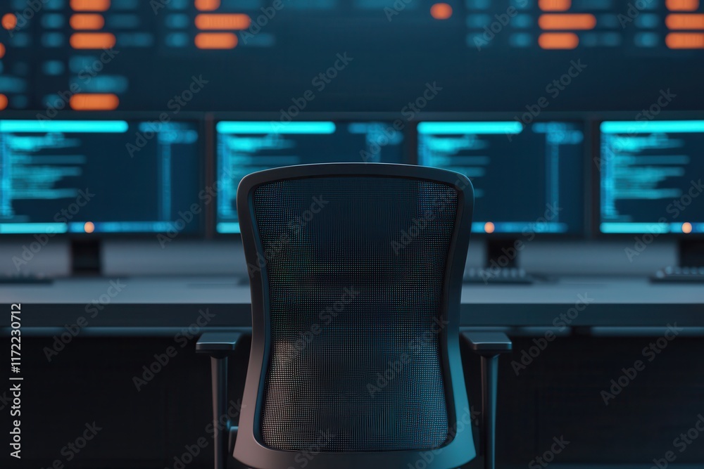 Naklejka premium Virtual offices rely on workspace tools. Empty ergonomic chair in front of multiple glowing computer screens.