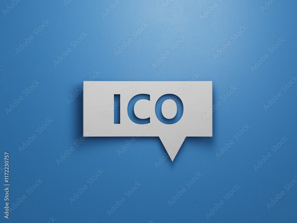 letters of the alphabet of ICO on Speech Bubble. ICO.Minimalist Abstract Design With White Cut Out Paper.3D rendering on blue background. letters of the alphabet of ICO on Speech Bubble. ICO.Minimalist Abstract Design With White Cut Out Paper.3D rendering on blue background.