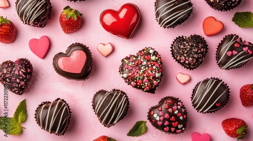 Indulge in a romantic feast with luscious chocolate-covered strawberries atop a soft pink background, perfect for celebrating love on Valentine's Day.