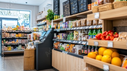 Bright and Colorful Grocery Store Interior with Shelves Full of Fresh Produce and Everyday Essentials