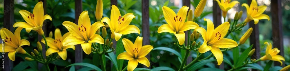 Yellow lily flowers in a trellis with other climbing plants, climbers, blooms, flowers Yellow lily flowers in a trellis with other climbing plants, climbers, blooms, flowers