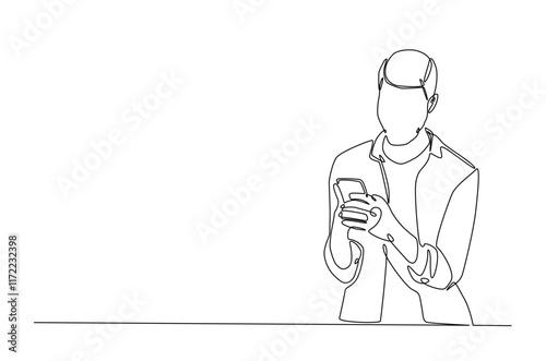 Man holding smartphone in continuous one line drawing. Single line art illustration of businessman holding phone. Editable vector.