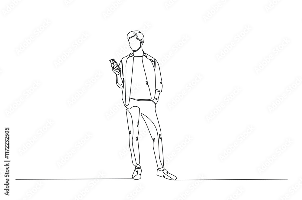 Man holding smartphone in continuous one line drawing. Single line art illustration of businessman holding phone. Editable vector. Man holding smartphone in continuous one line drawing. Single line art illustration of businessman holding phone. Editable vector.