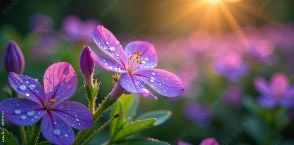 Softly falls the evening dew on Surfinia purple flowers, botanical, blooming, garden