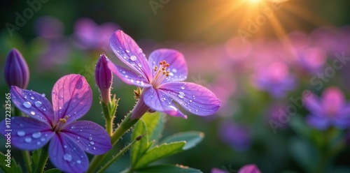 Obraz na płótnie Softly falls the evening dew on Surfinia purple flowers, botanical, blooming, garden w salonie