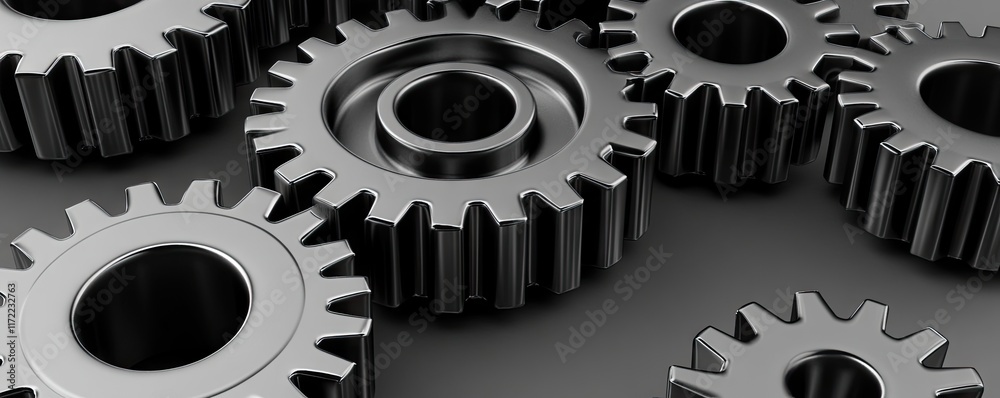 A collection of metallic gears arranged on a surface, symbolizing machinery and engineering. A collection of metallic gears arranged on a surface, symbolizing machinery and engineering.