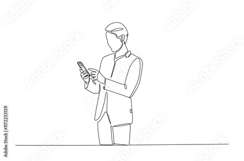 Man holding smartphone in continuous one line drawing. Single line art illustration of businessman holding phone. Editable vector.