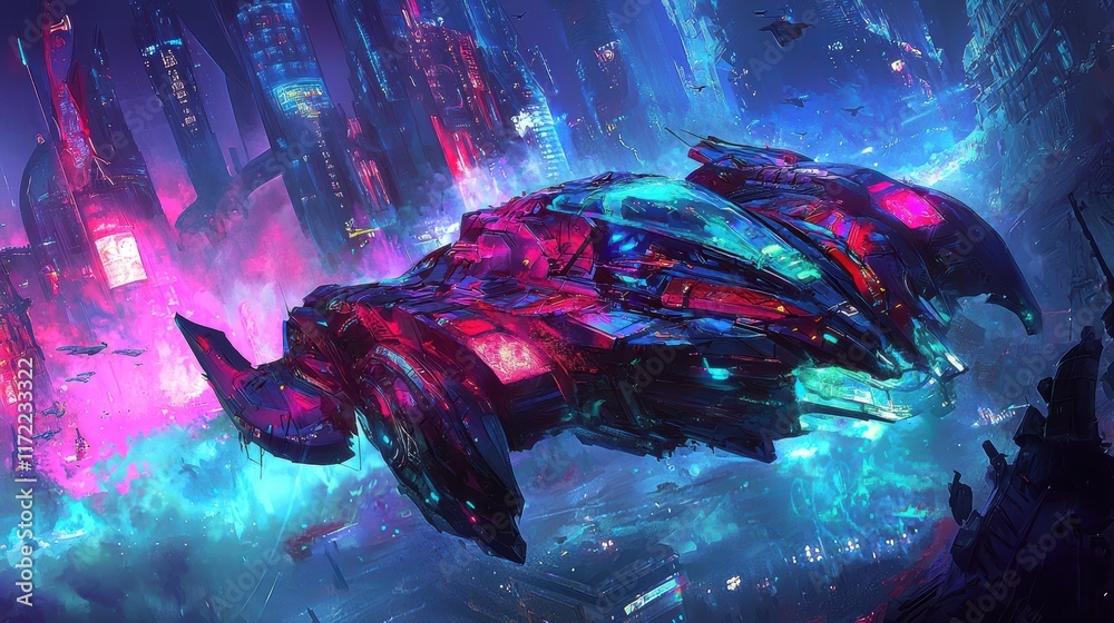 Obraz premium Futuristic Neon Cityscape with Hovering Spaceship and Colorful Lights