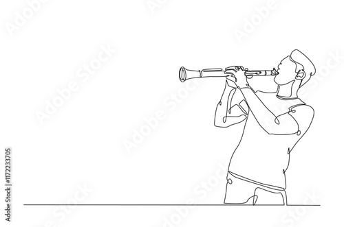 Clarinet player in continuous one line drawing. Single line art illustration of man holding clarinet music instrument. Editable vector.