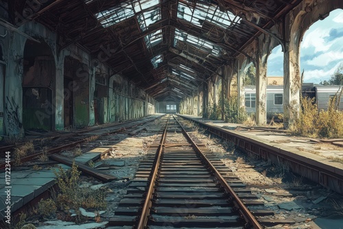 Overgrown Abandoned Train Station Platform Tracks