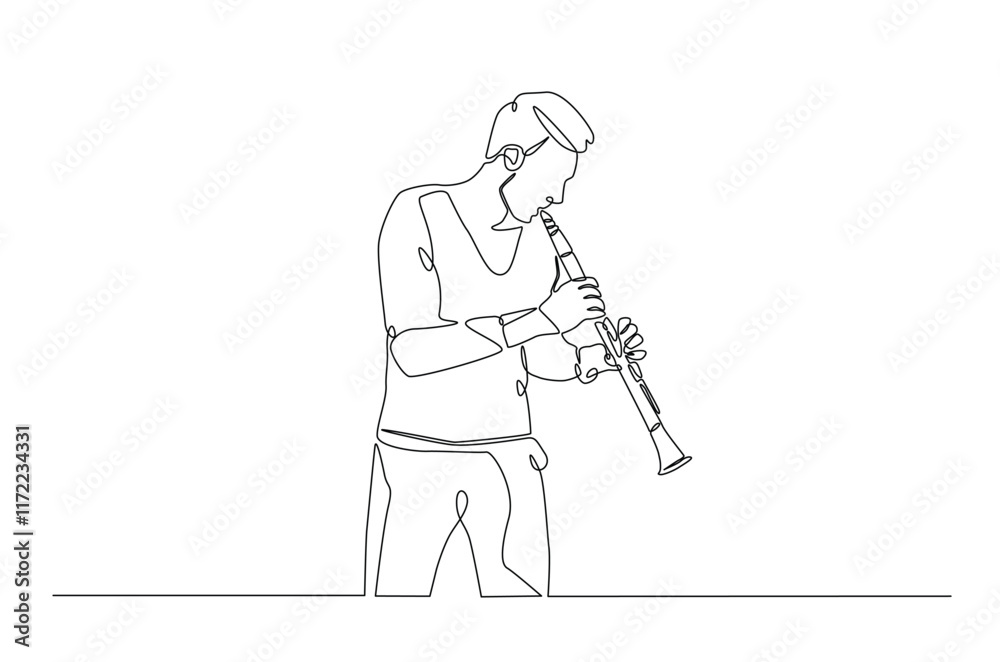 Obraz premium Clarinet player in continuous one line drawing. Single line art illustration of man holding clarinet music instrument. Editable vector.