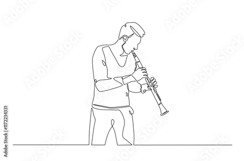 Clarinet player in continuous one line drawing. Single line art illustration of man holding clarinet music instrument. Editable vector.