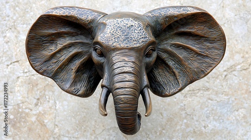 Bronze elephant head door knocker on marble wall. photo