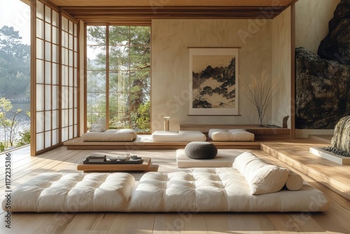 japandiinspired living room featuring a harmonious blend of wood and plaster bathed in warm sunlight soft neutral colors create a serene atmosphere accented by minimalistic decor photo