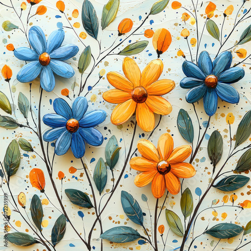 Blue & orange 3D flowers on textured canvas, leaves, gold splatters background, wall art