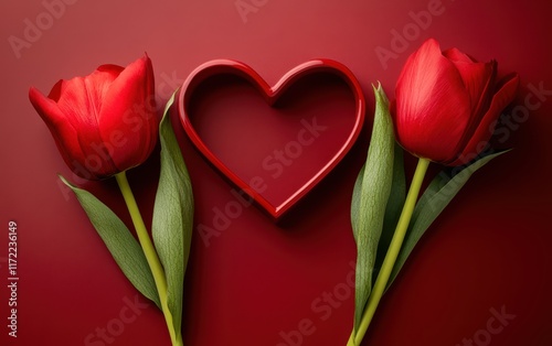 Three vibrant red tulips are elegantly displayed within a heart-shaped frame, symbolizing love and affection for Valentine's Day.