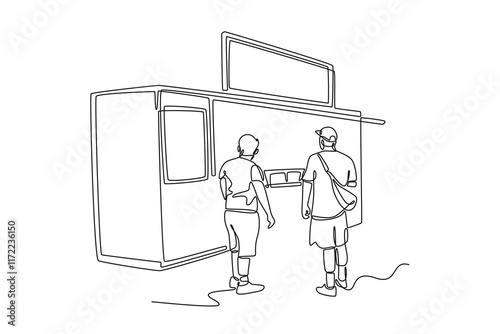 Street food festival. Market concept. Single line draw design vector graphic illustration.