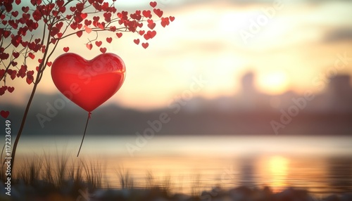 Fototapeta Naklejka Na Ścianę i Meble -  Sunset lake heart balloon tree love romance