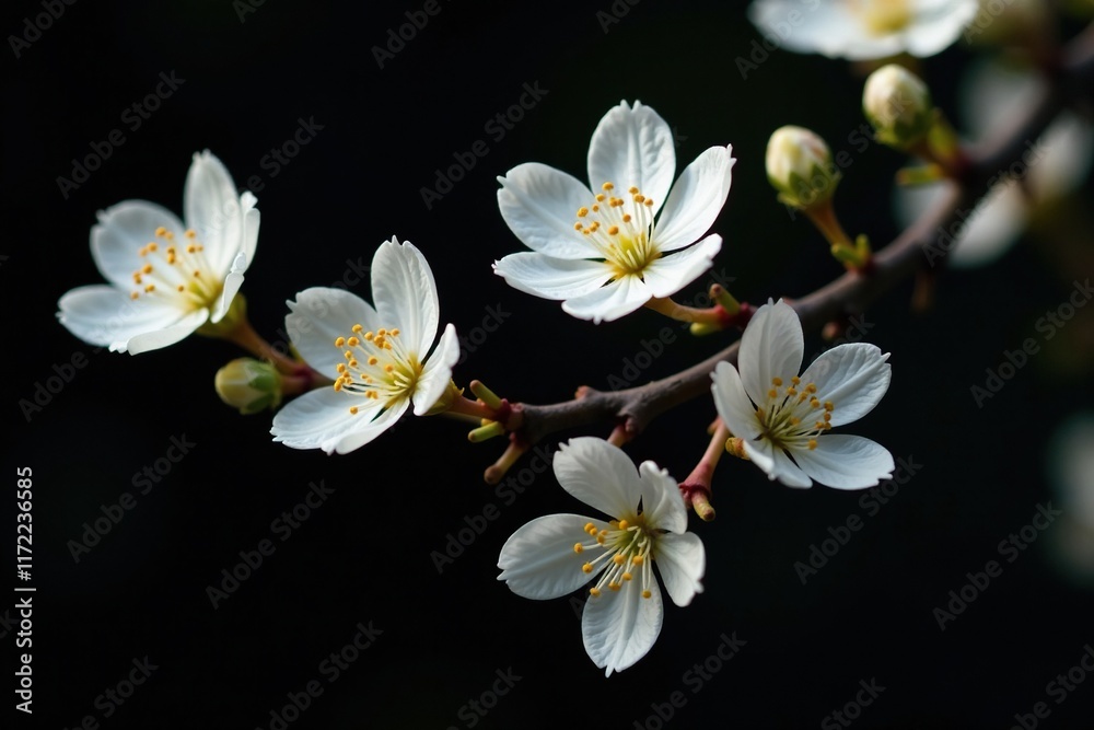 Obraz premium White growths with black tips curling around a tree branch on a dark background, black, growth, blossom