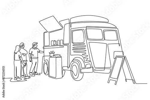 Street food festival. Market concept. Single line draw design vector graphic illustration.