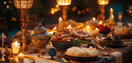 A beautifully set iftar table with intricate pottery, golden cutlery, and traditional food items, surrounded by soft candlelight.