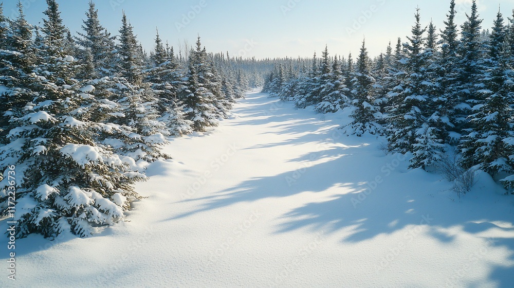 Obraz premium Snow-covered evergreen forest path.