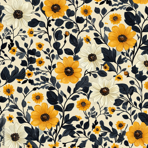 Yellow & white floral pattern on beige background for textile, wallpaper, or stationery
