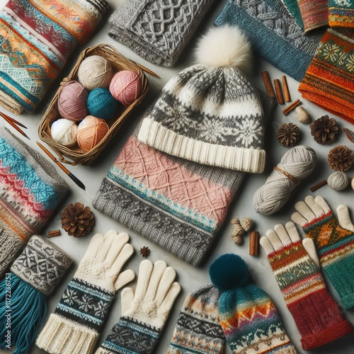 A colorful knitted wool sweater, scarf, and gloves displayed in a market, showcasing traditional craftsmanship photo